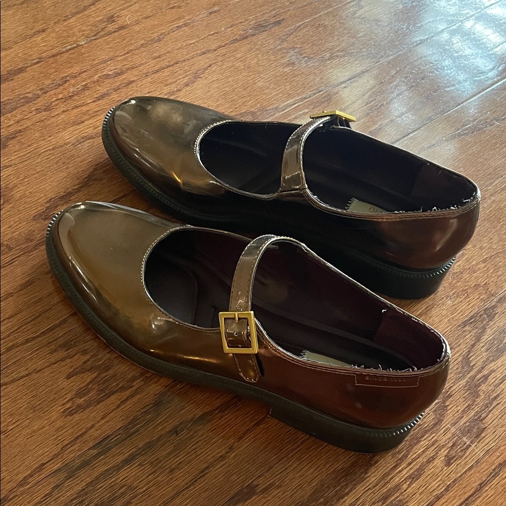 Franco Sarto Patent Mary Jane Flats in Deep copper with Gold Logo